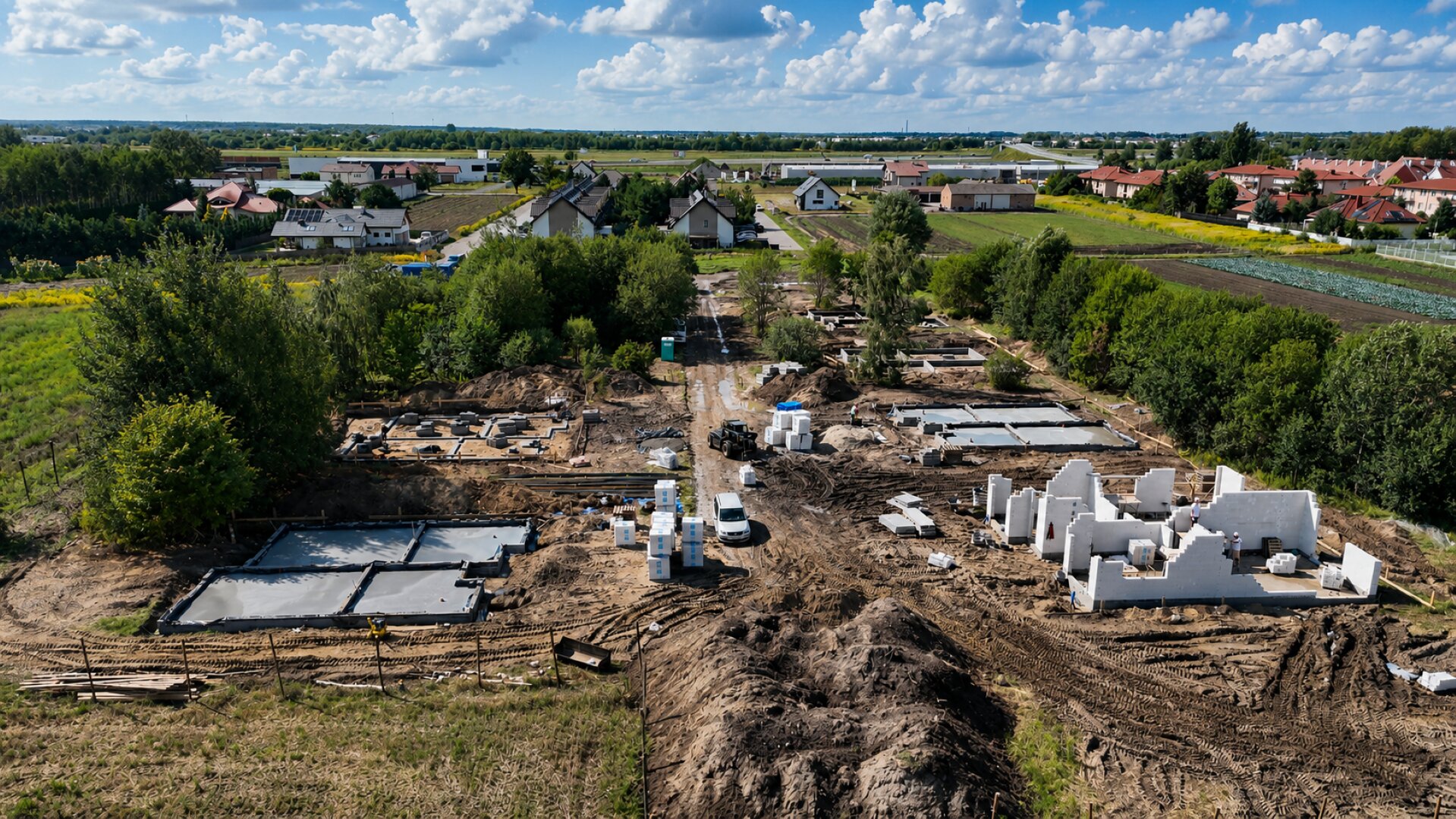 Postęp prac budowlanych — płyty fundamentowe kolejnych domów